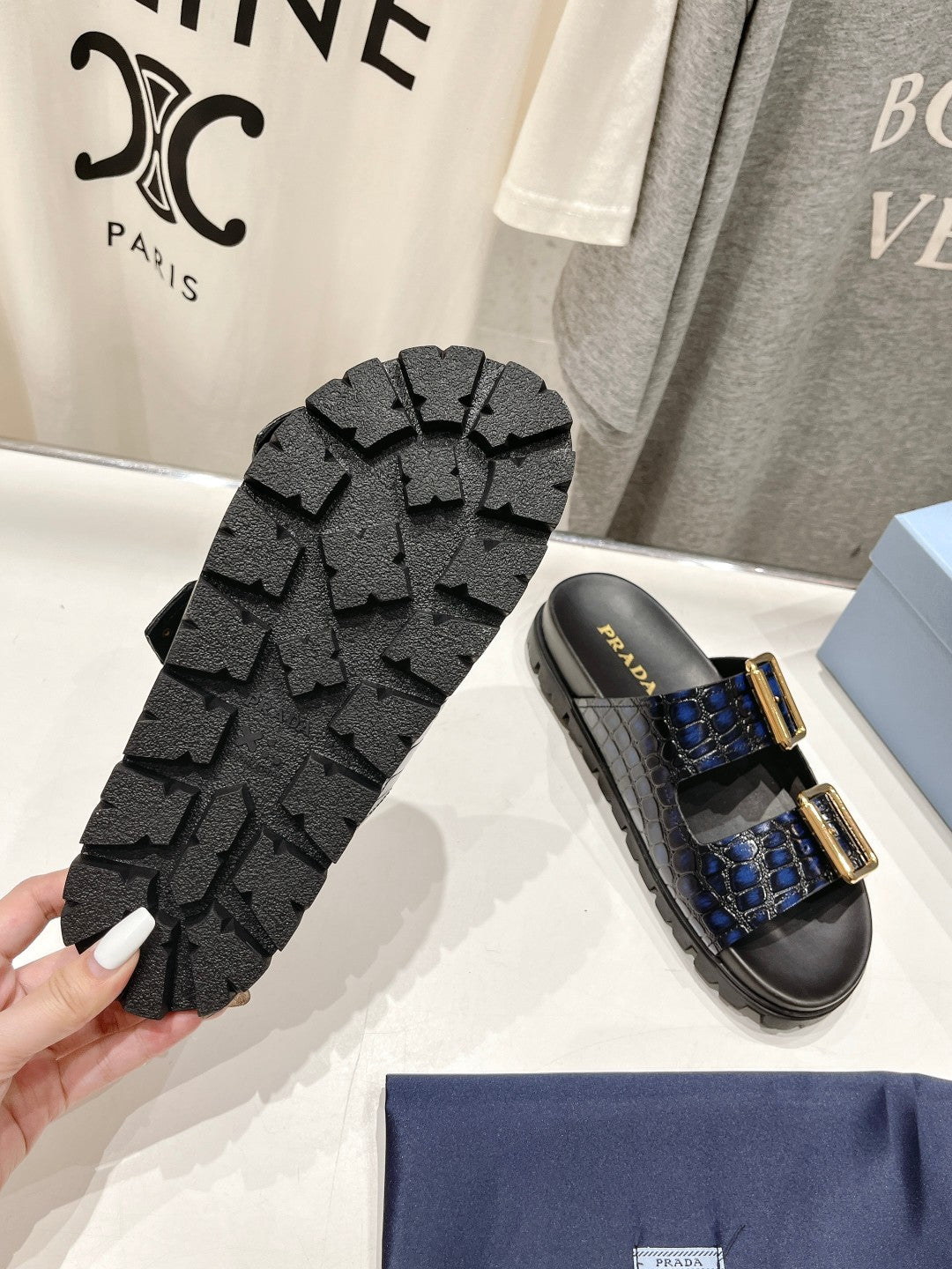 PRA CROCODILE MOTIF STRAP SLIDES SANDALS BLACK AND LAPIS CALFSKIN