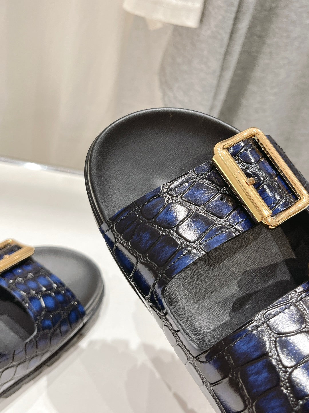 PRA CROCODILE MOTIF STRAP SLIDES SANDALS BLACK AND LAPIS CALFSKIN