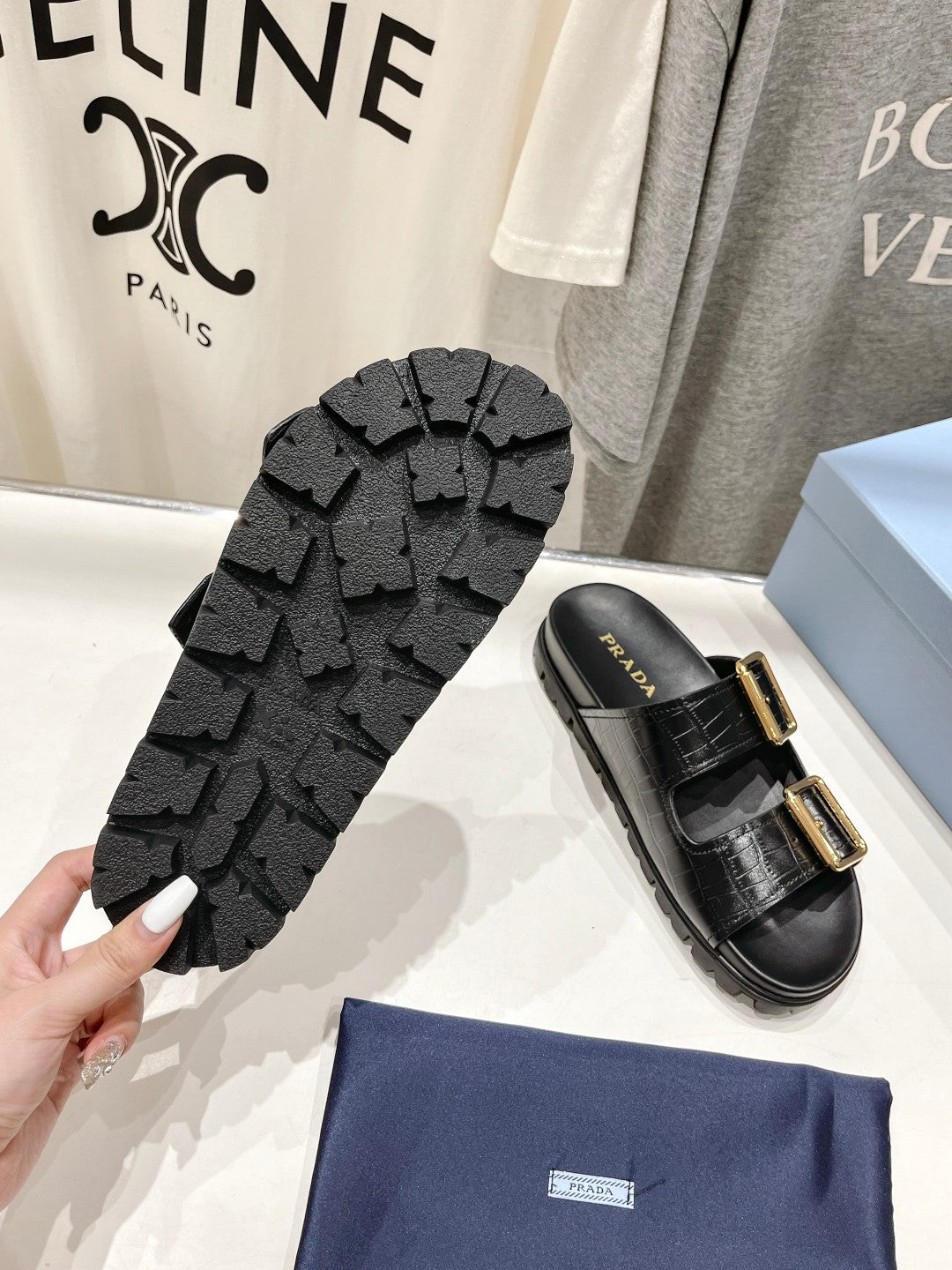 PRA CROCODILE MOTIF STRAP SLIDES SANDALS BLACK CALFSKIN