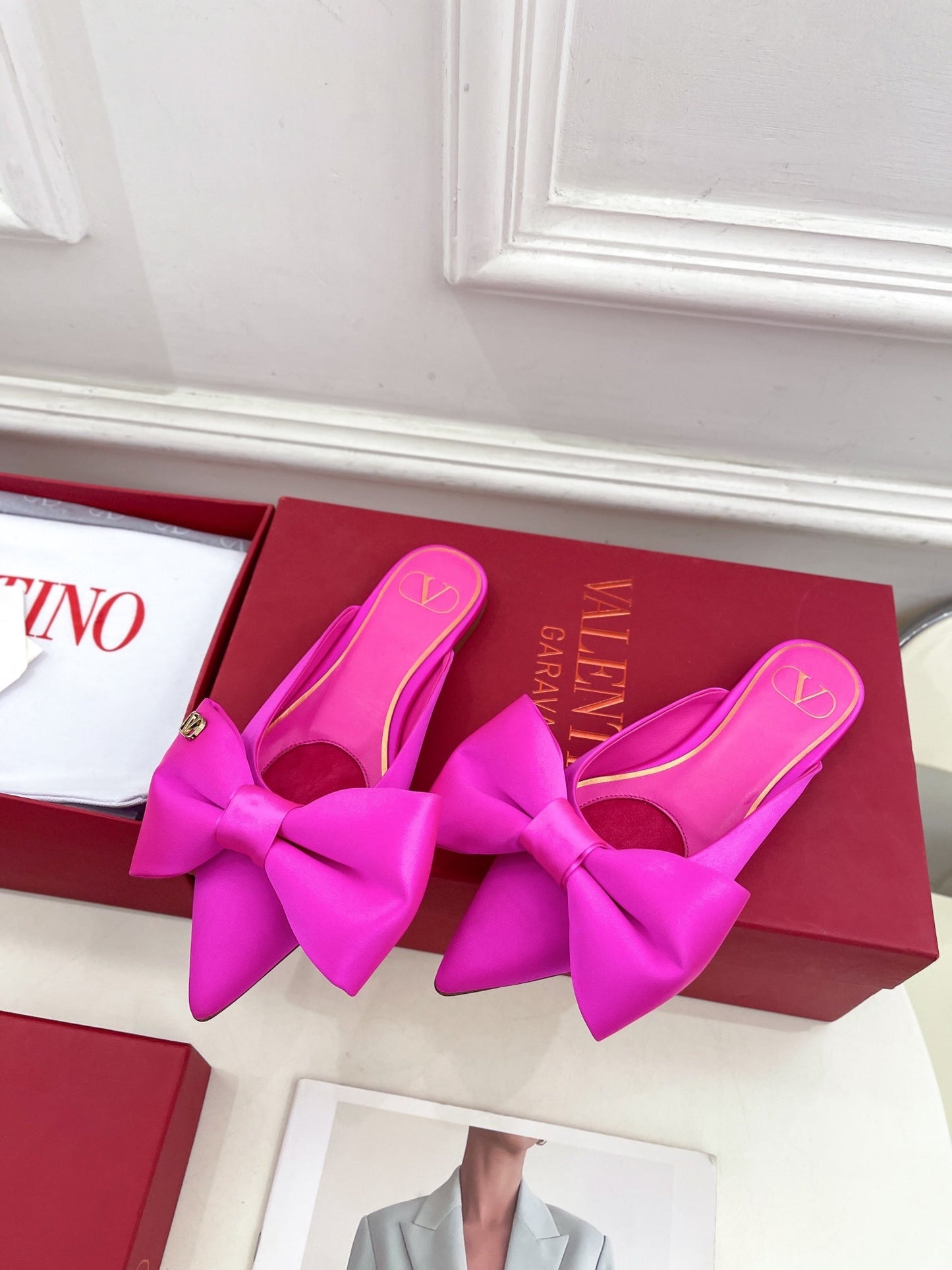 VLogo Bow Mules Women Silk Hot Pink