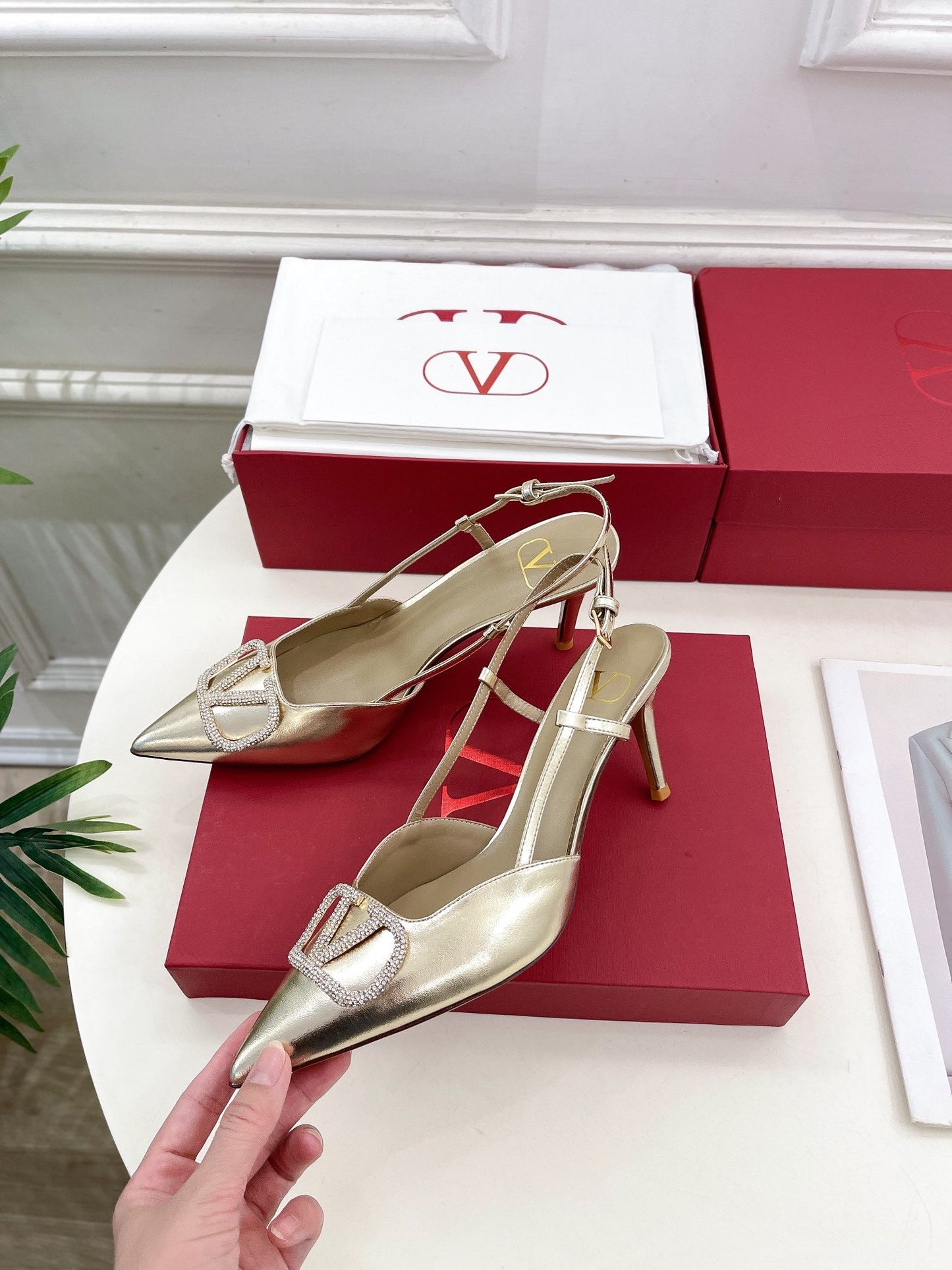 Vlogo Signature Diamond Slingback Pump Gold Calfskin