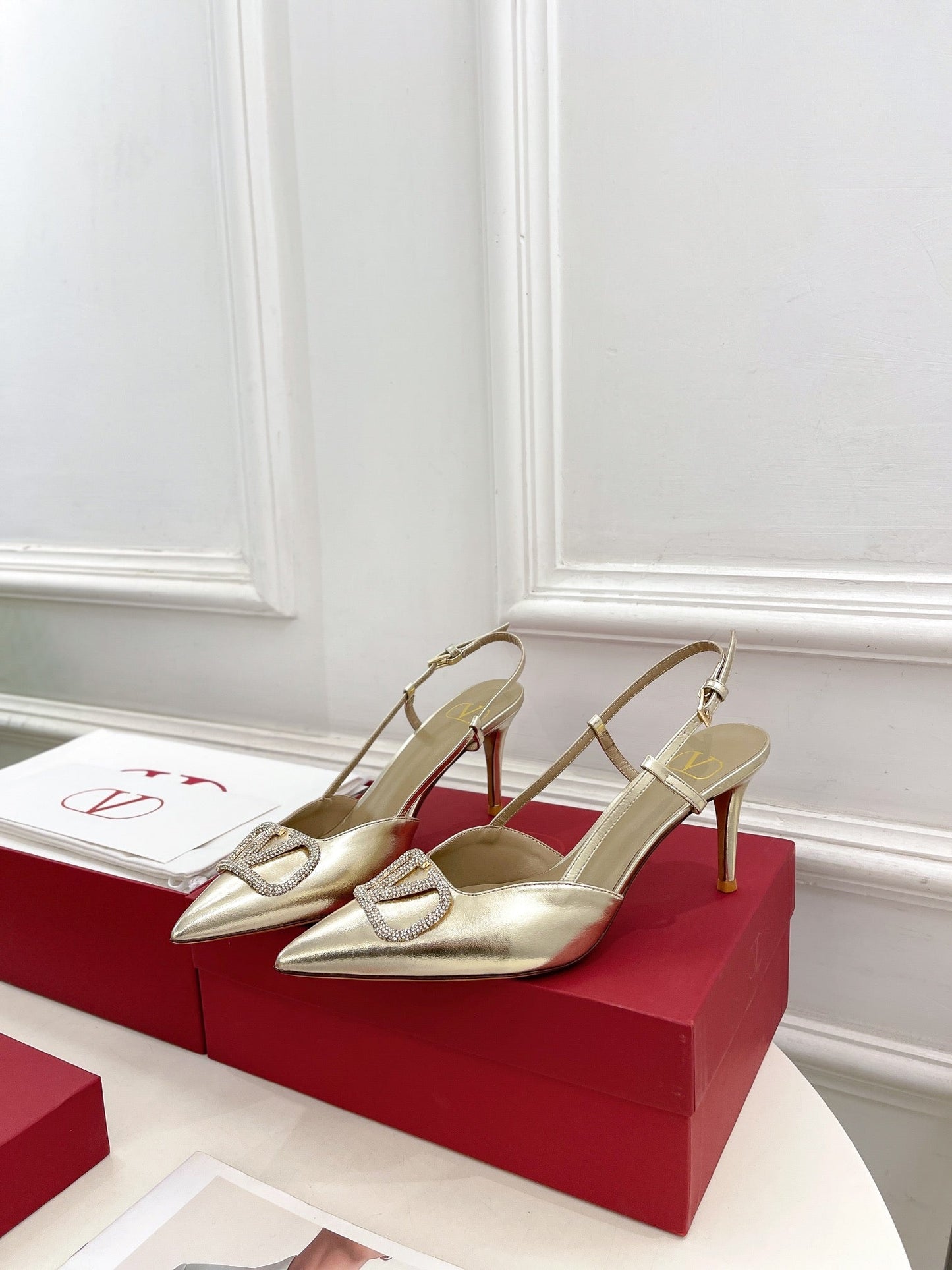 Vlogo Signature Diamond Slingback Pump Gold Calfskin