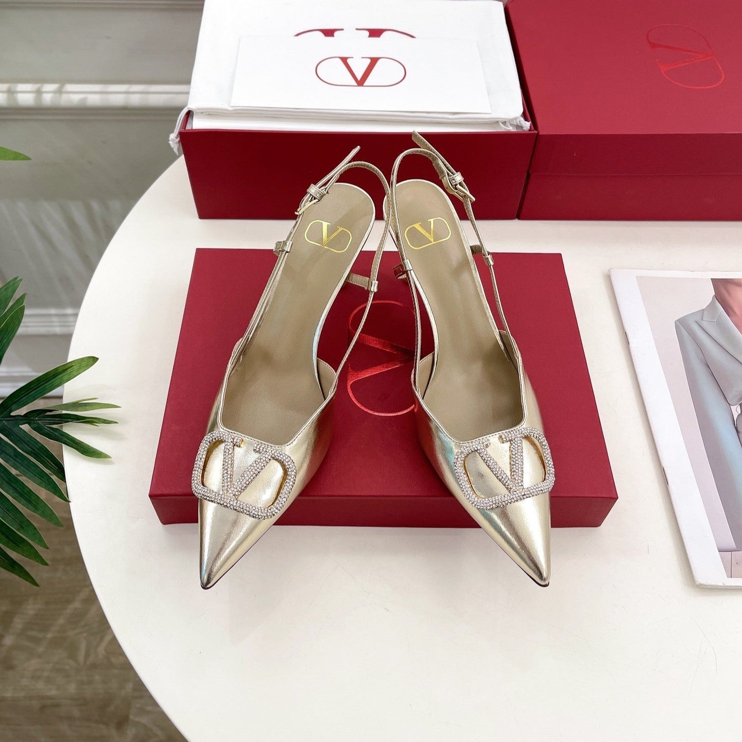 Vlogo Signature Diamond Slingback Pump Gold Calfskin