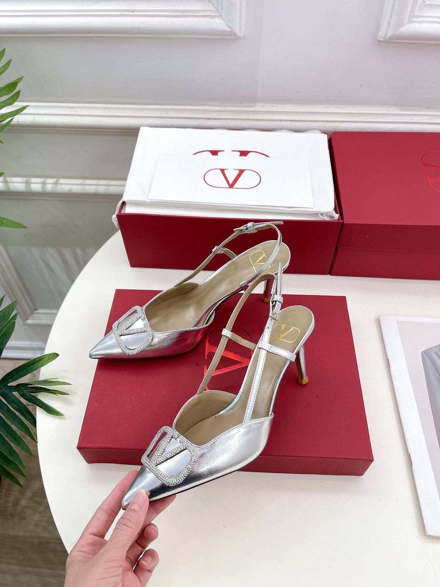 Vlogo Signature Diamond Slingback Pump Silver Calfskin