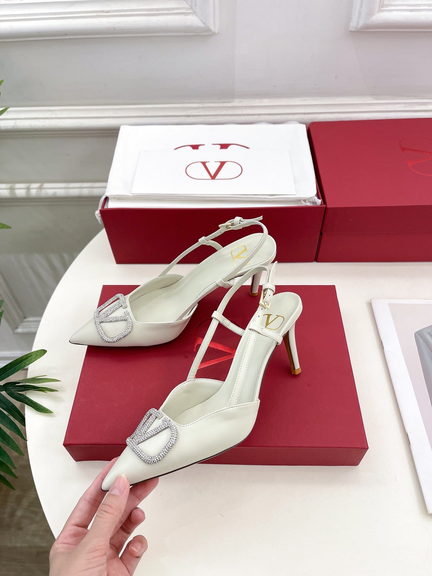 Vlogo Signature Diamond Slingback Pump White Calfskin