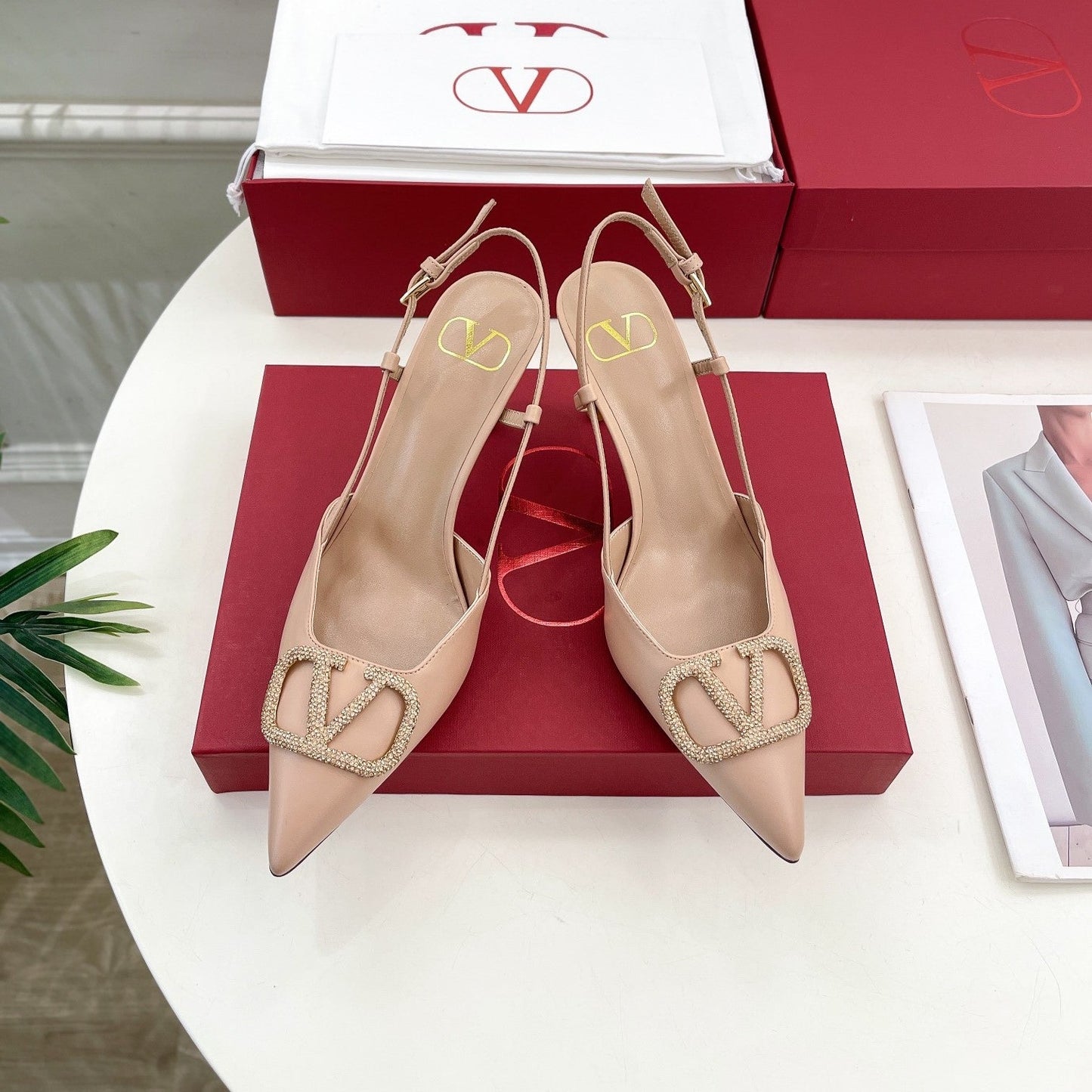 Vlogo Signature Diamond Slingback Pump Beige Calfskin