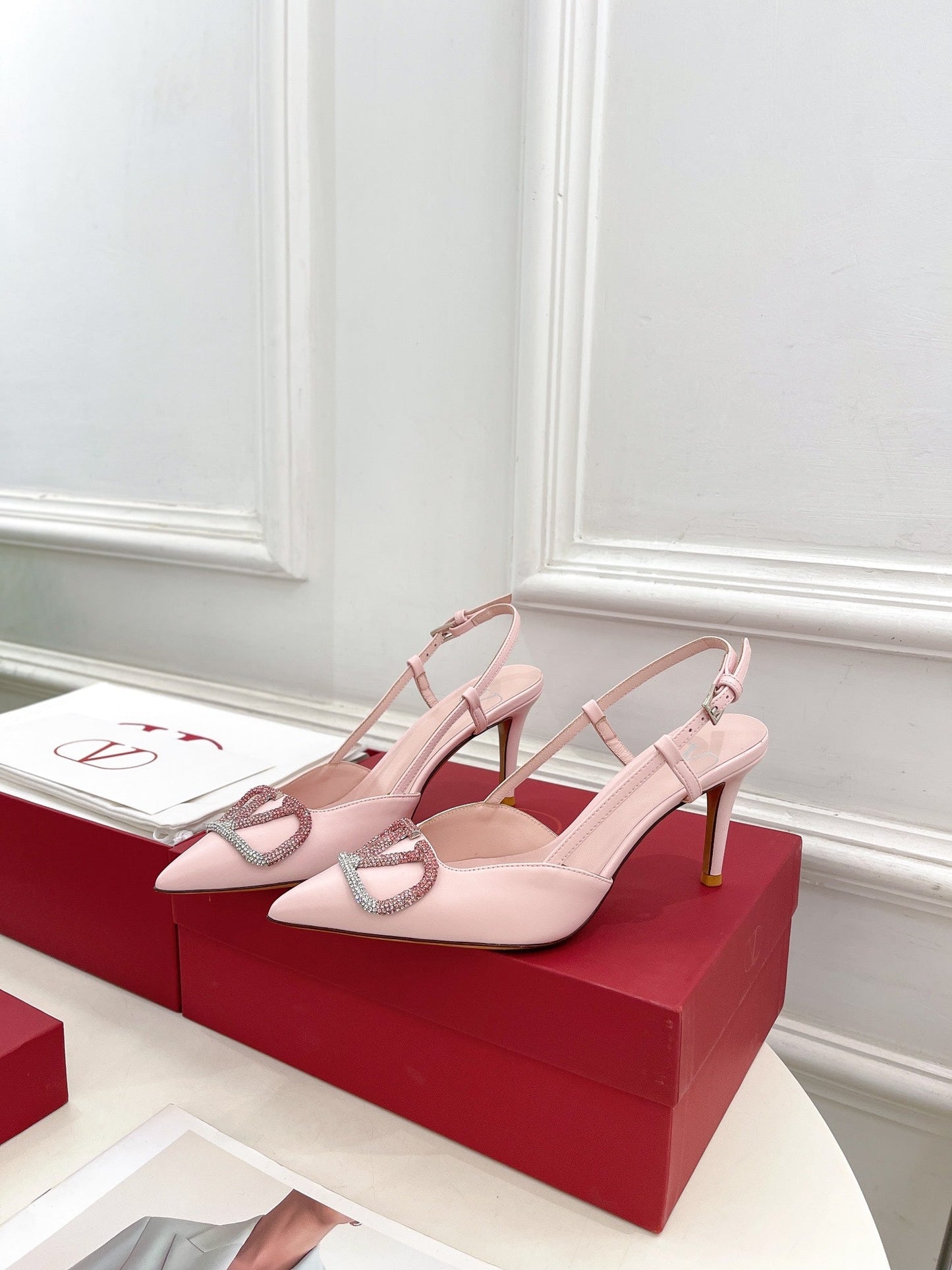 Vlogo Signature Decollete Slingback Pink Calfskin with Degrade Crystals