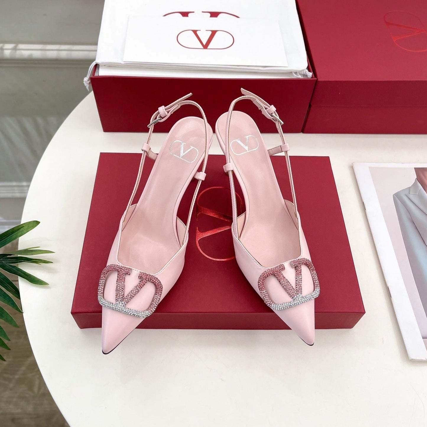 Vlogo Signature Decollete Slingback Pink Calfskin with Degrade Crystals