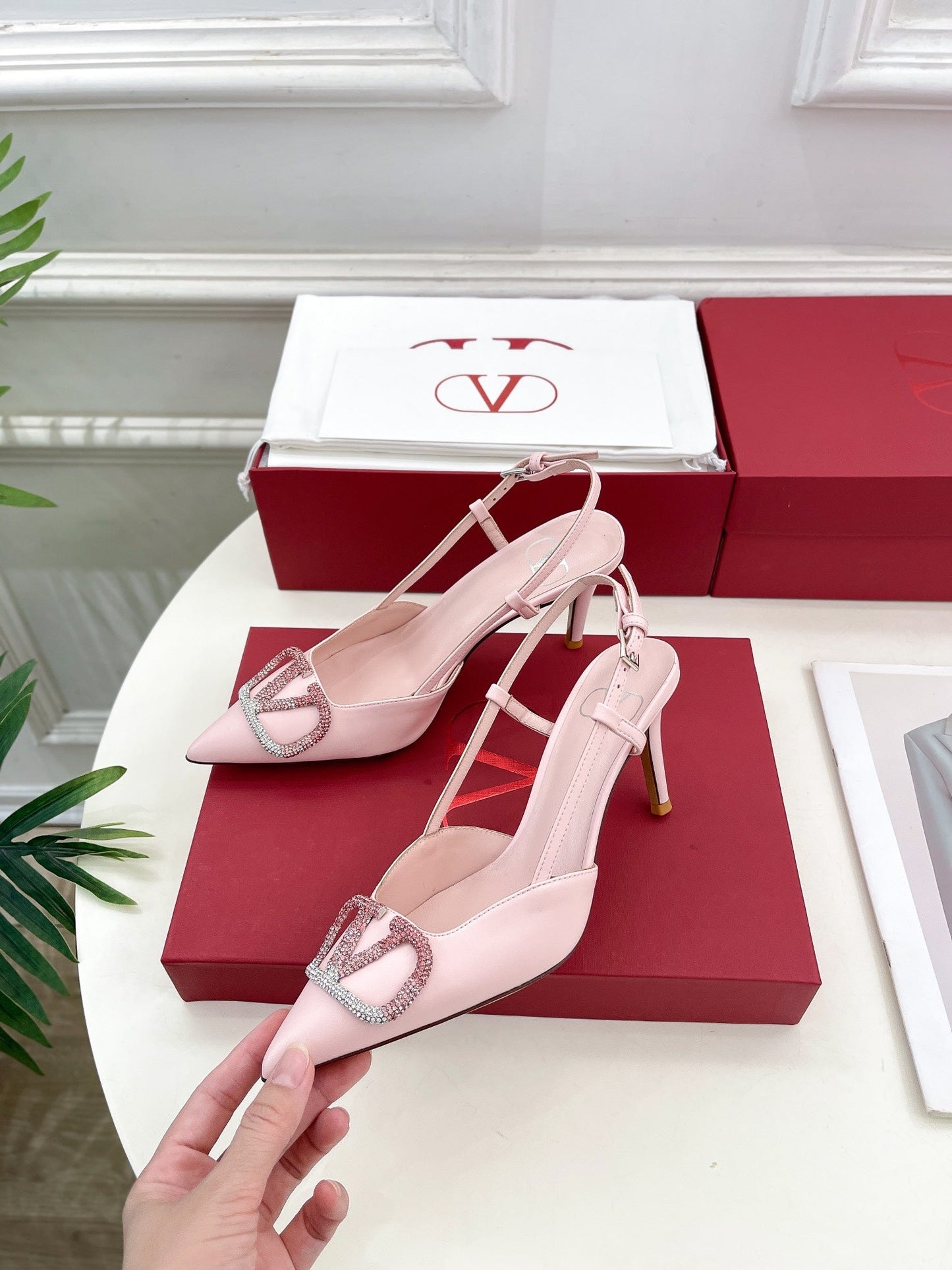 Vlogo Signature Decollete Slingback Pink Calfskin with Degrade Crystals