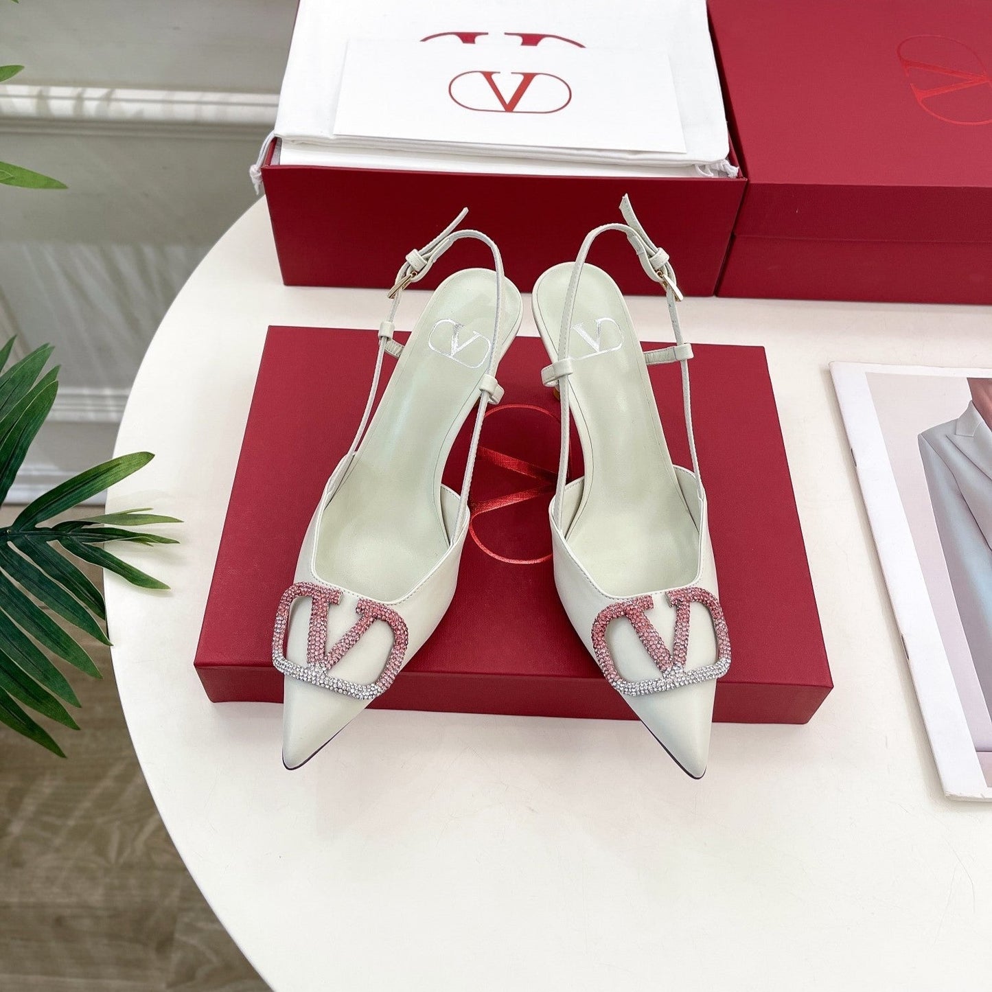 Vlogo Signature Decollete Slingback White Calfskin with Degrade Crystals