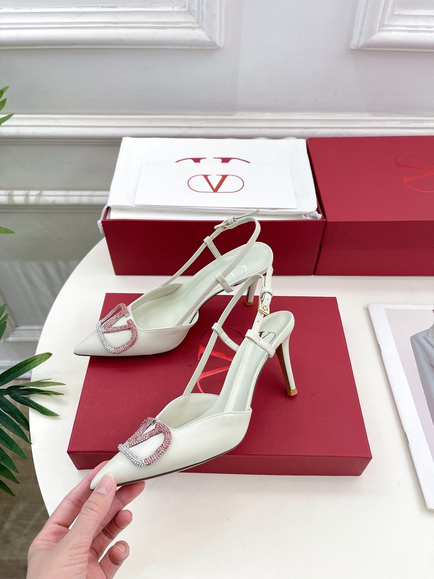 Vlogo Signature Decollete Slingback White Calfskin with Degrade Crystals