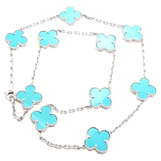 CLOVER 10 MOTIF TURQUOISE SILVER NECKLACE