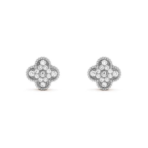 CLOVER SILVER DIAMOND STUD EARRINGS