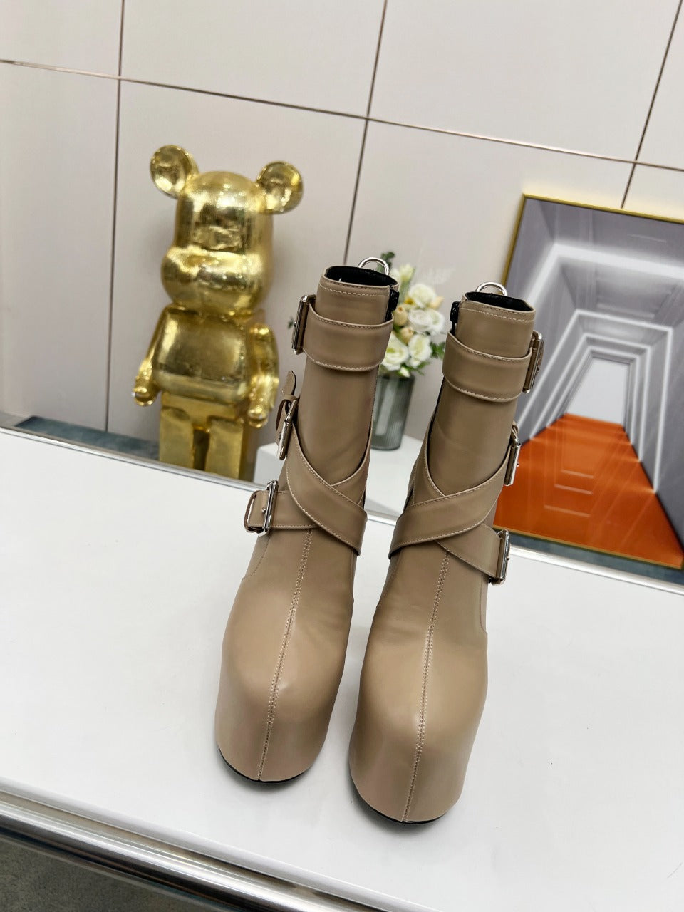 SL ANKLE BUCKLE BOOT PLATFORM TAN CALFSKIN