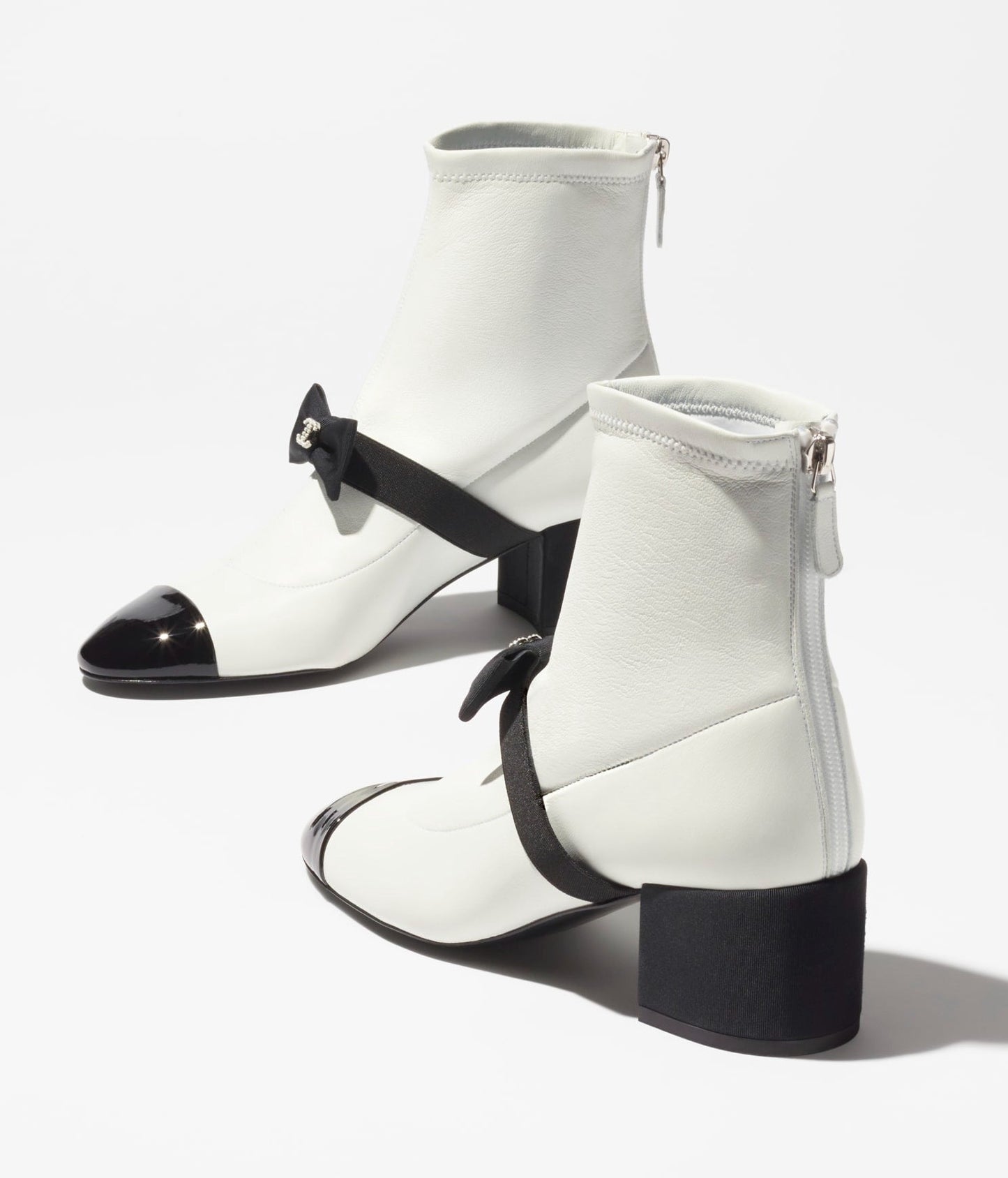 short boots white black stretch lambskin & patent calfskin