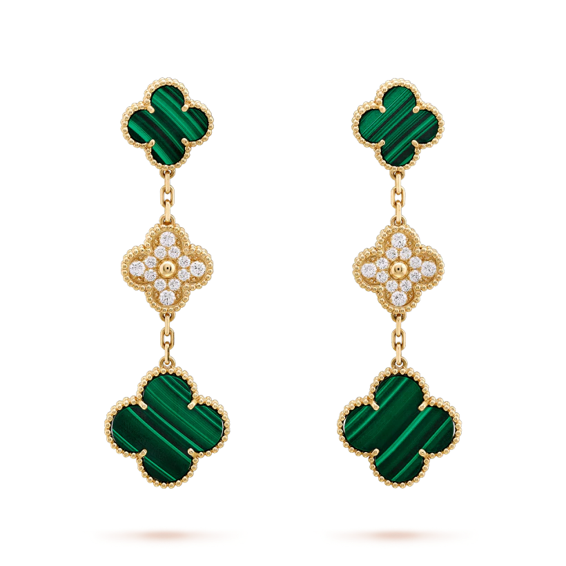 CLOVER EARRINGS GOLD MALACHITE DIAMOND 3 MOTIF