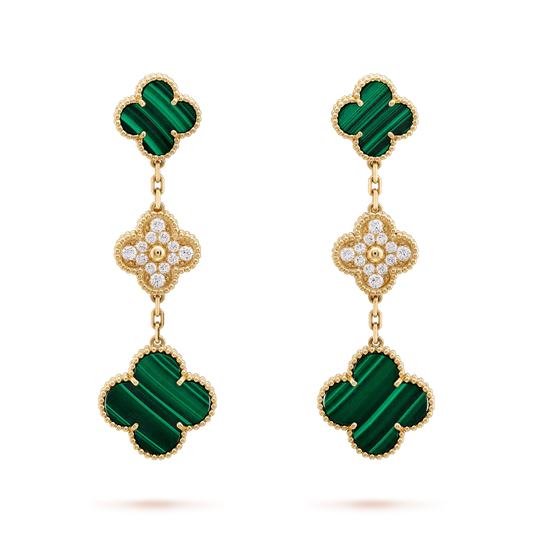 CLOVER EARRINGS GOLD MALACHITE DIAMOND 3 MOTIF