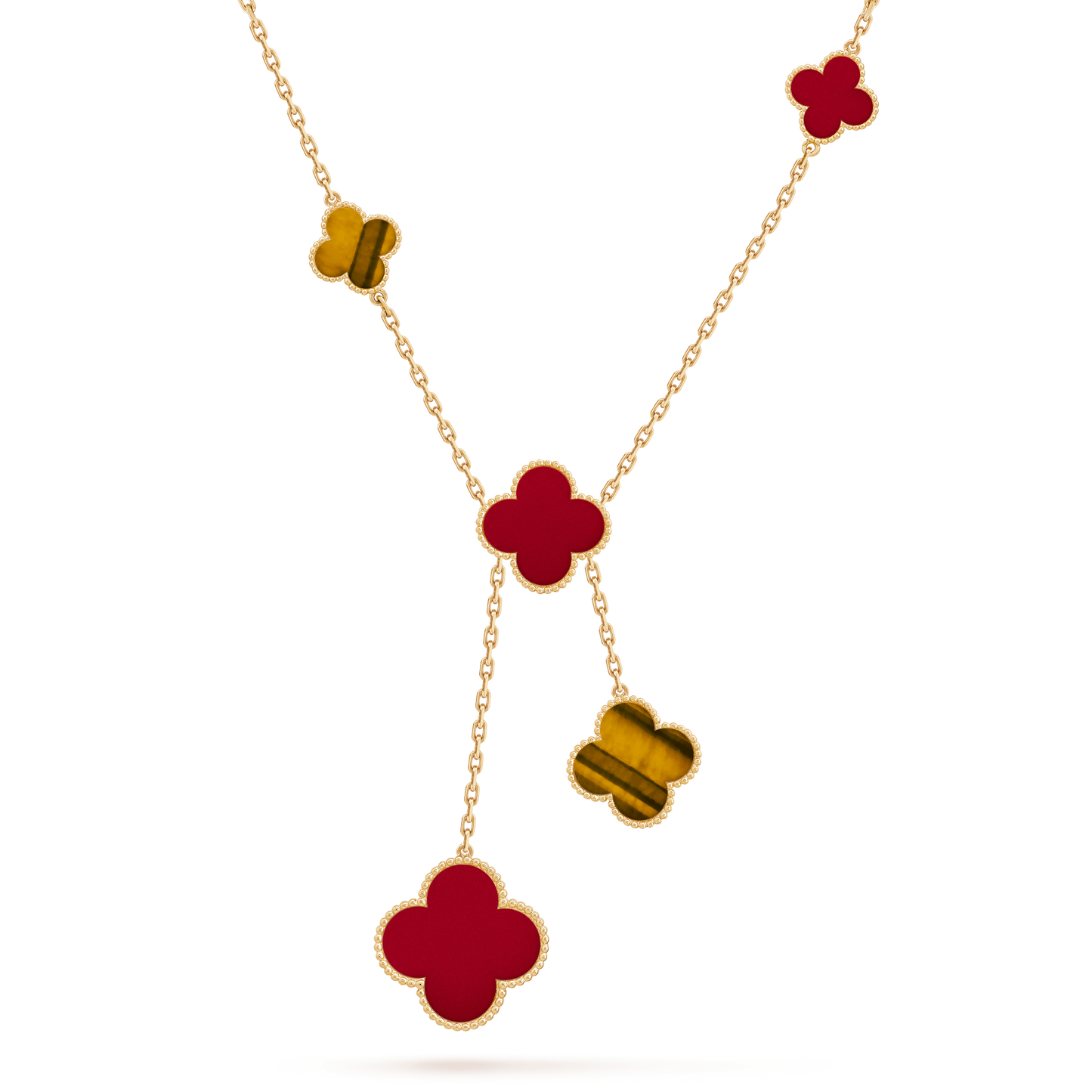 CLOVER TIGER EYE CARNELIAN NECKLACE 6 MOTIF