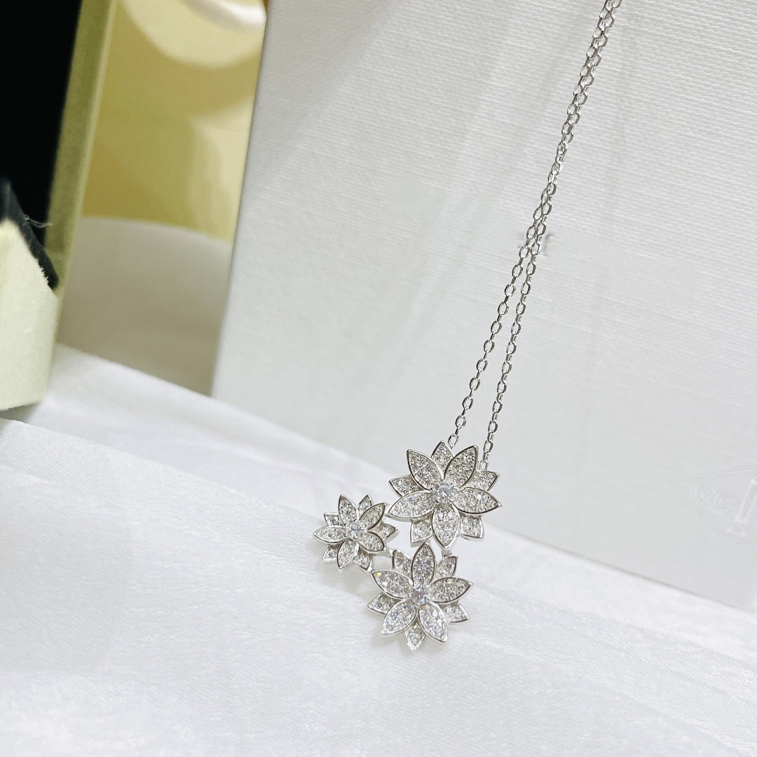 LOTUS THREE FLOWERS SILVER DIAMOND NECKLACE