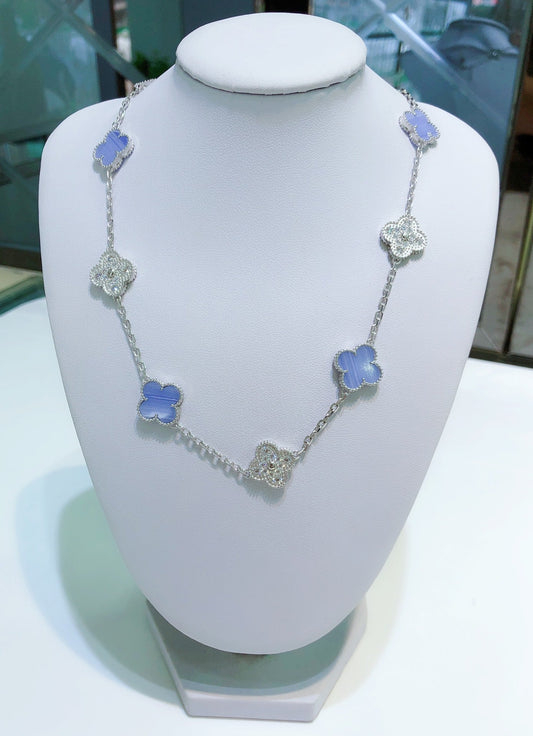 CLOVER 10 MOTIFS CHALCEDONY DIAMONDS SILVER NECKLACE