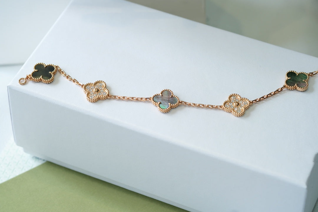 CLOVER 5 MOTIFS DARK MOP AND DIAMONDS PINK GOLD BRACELET