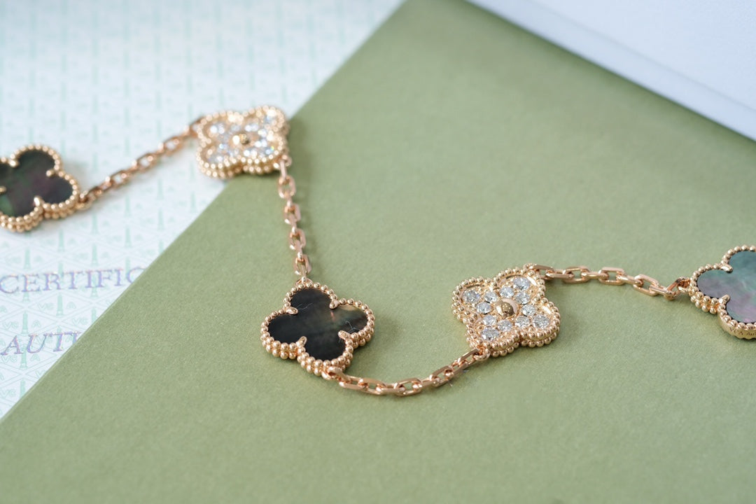 CLOVER 5 MOTIFS DARK MOP AND DIAMONDS PINK GOLD BRACELET