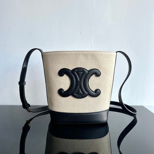 SMALL BUCKET CUIR TRIOMPHE 24CM IN STRIPED TEXTILE AND BLACK CALFSKIN