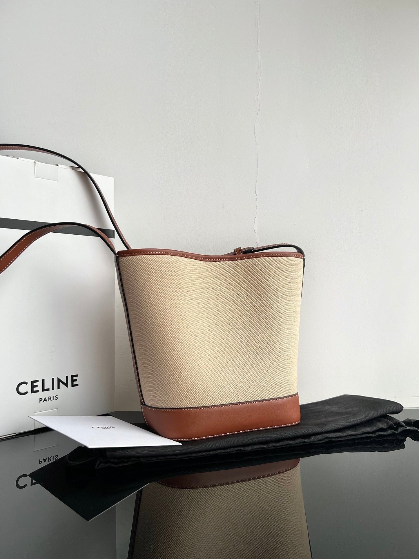 SMALL BUCKET CUIR TRIOMPHE 24CM IN STRIPED TEXTILE AND TAN CALFSKIN