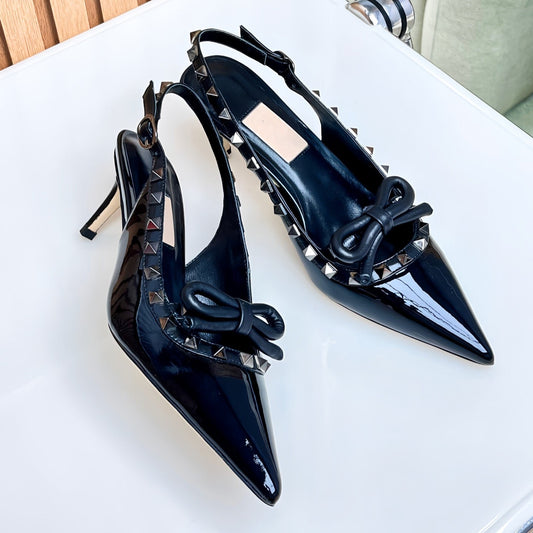 Rockstud Bow Slingback Black Calfskin With Matching Studs