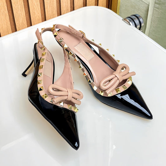 Rockstud Bow Slingback Black and Rose Cannelle Calfskin With Matching Studs