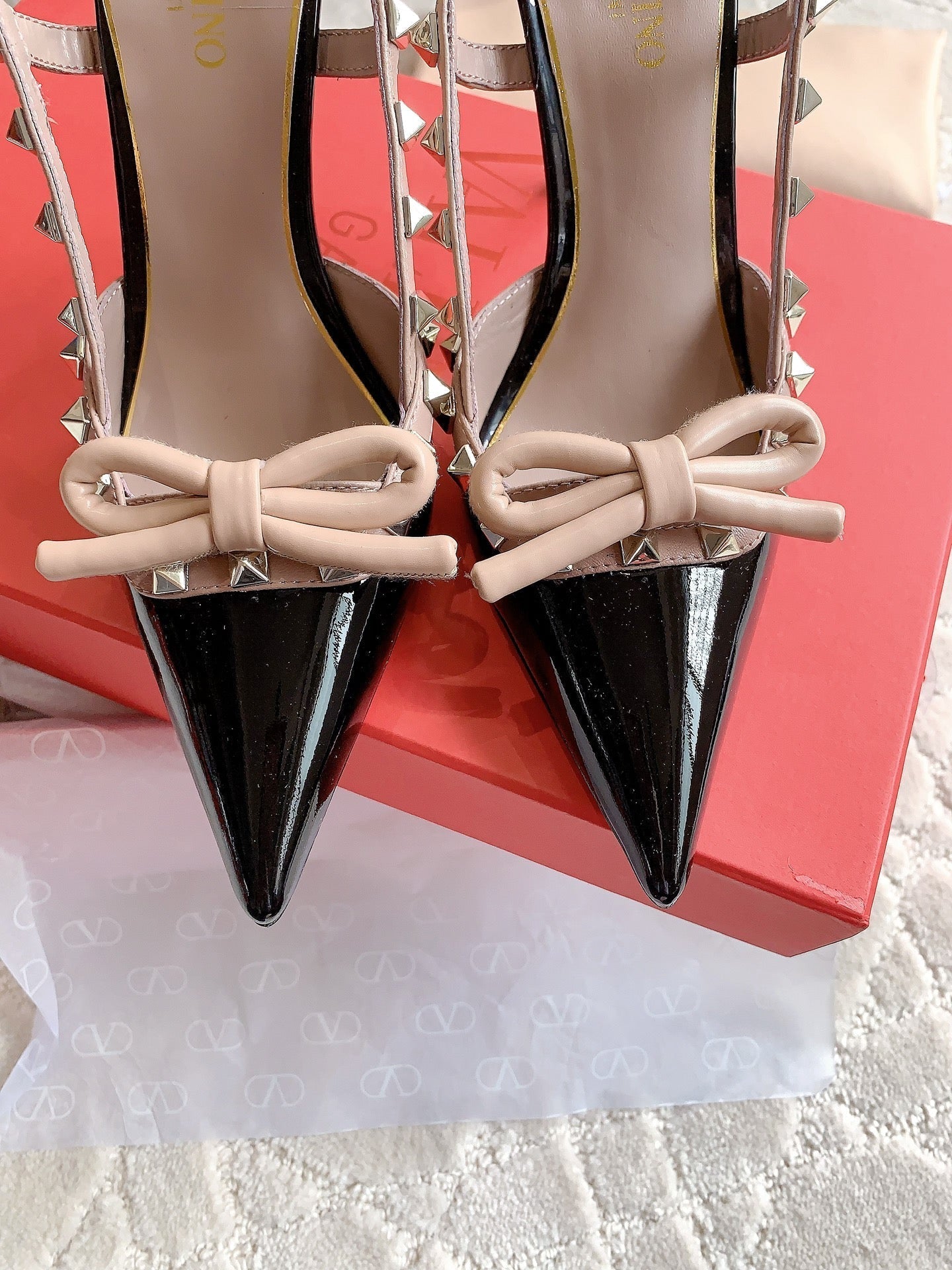 Rockstud High-heels Slingback 10cm Black and Rose Cannelle