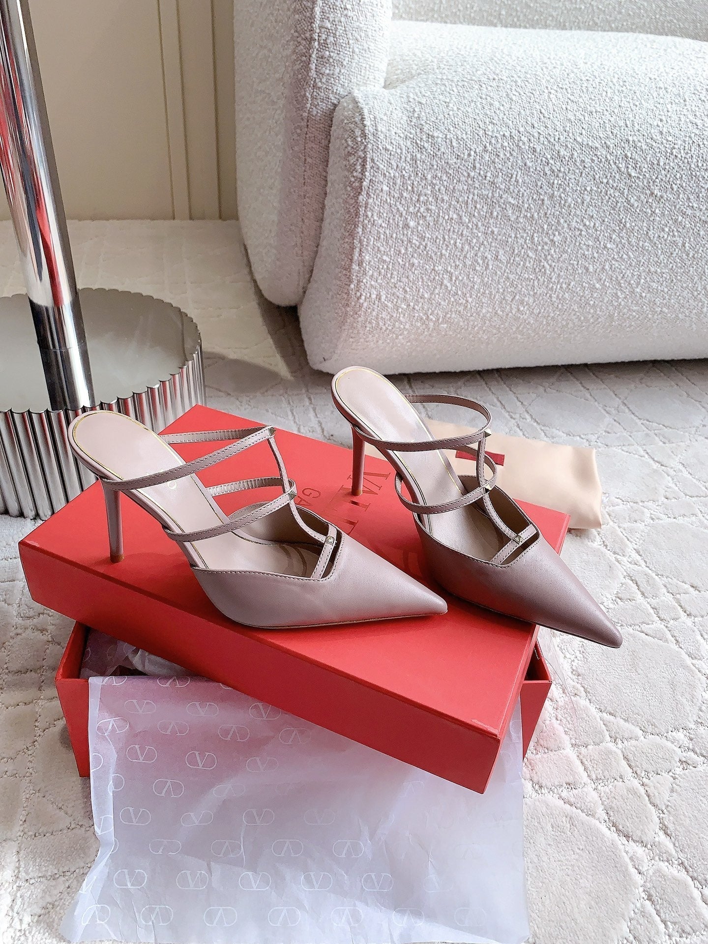 Rockstud Wispy Calfskin Mule 90mm Matte Rose Cannelle