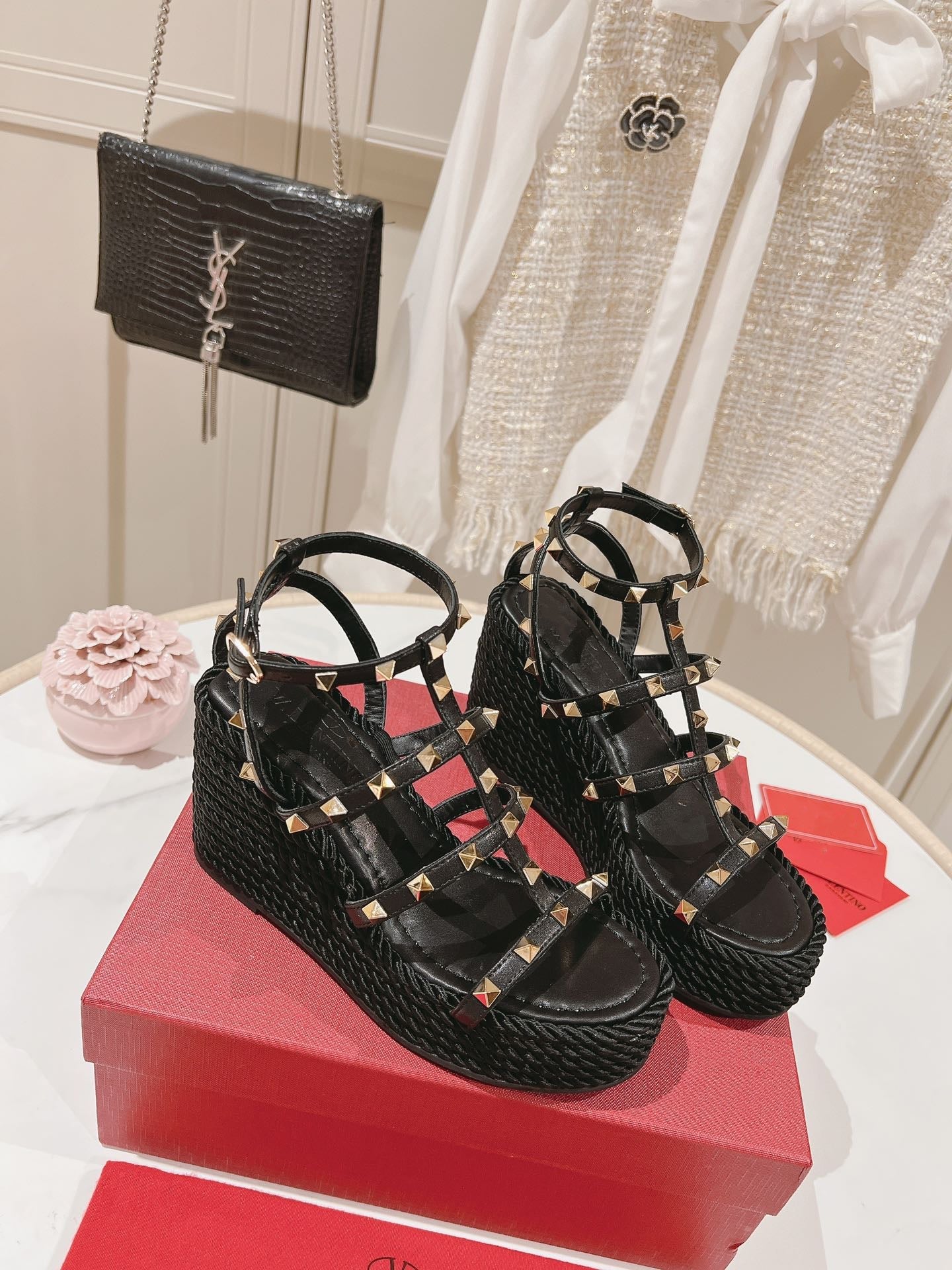 Rockstud Ankle Strap Wedge Sandal Calfskin Black 10cm