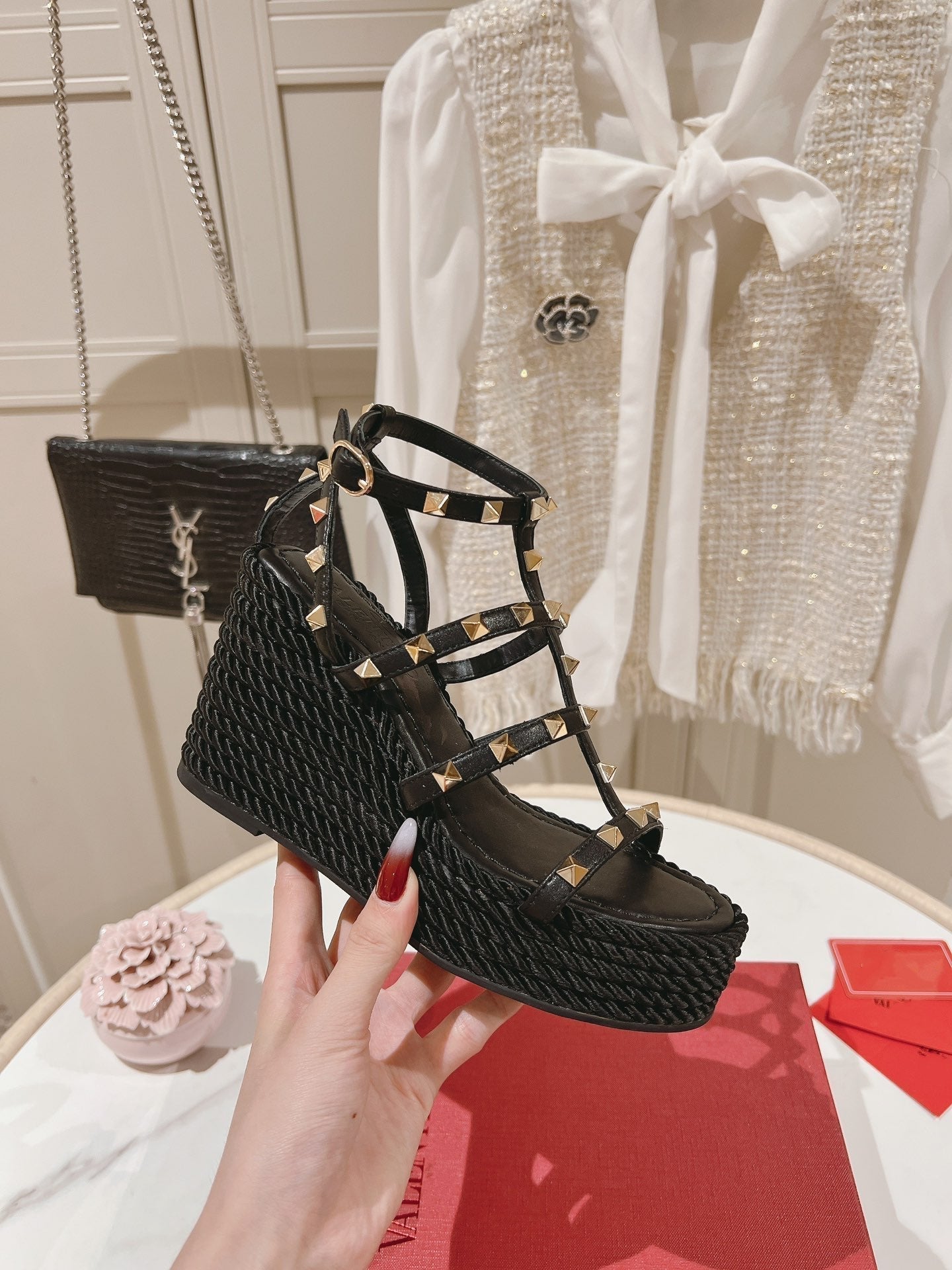 Rockstud Ankle Strap Wedge Sandal Calfskin Black 10cm