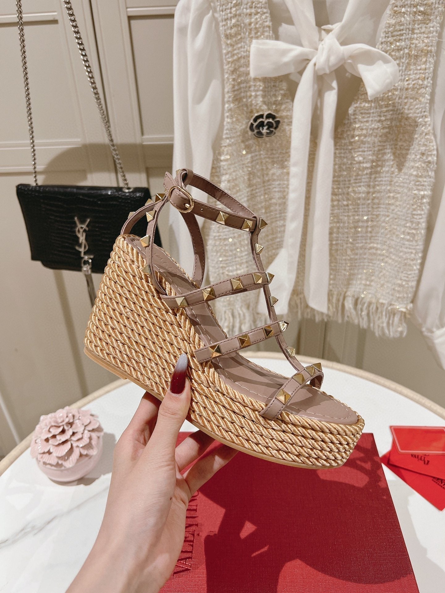 Rockstud Ankle Strap Wedge Sandal Calfskin Poudre 10cm